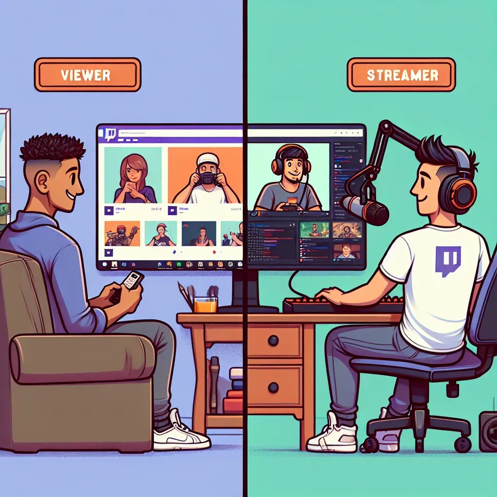 "Infografía comparativa entre un espectador de Twitch y un transmisor, destacando sus roles, interacciones y características clave en la plataforma de streaming."