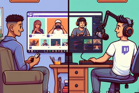 "Infografía comparativa entre un espectador de Twitch y un transmisor, destacando sus roles, interacciones y características clave en la plataforma de streaming."