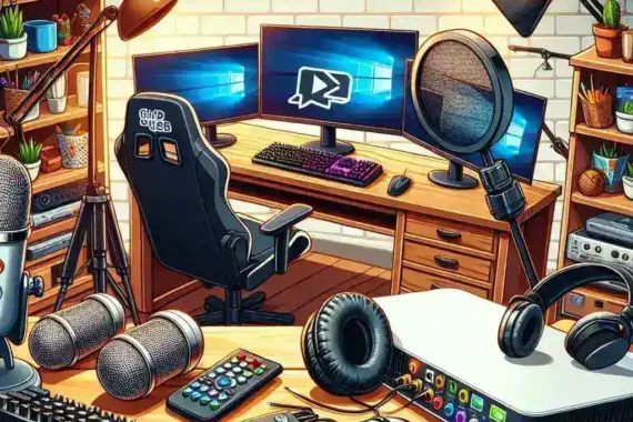 "Cantidad de equipo esencial para transmitir en Twitch, incluyendo computadora, cámara web, micrófono y accesorios, en un entorno de transmisión en vivo."