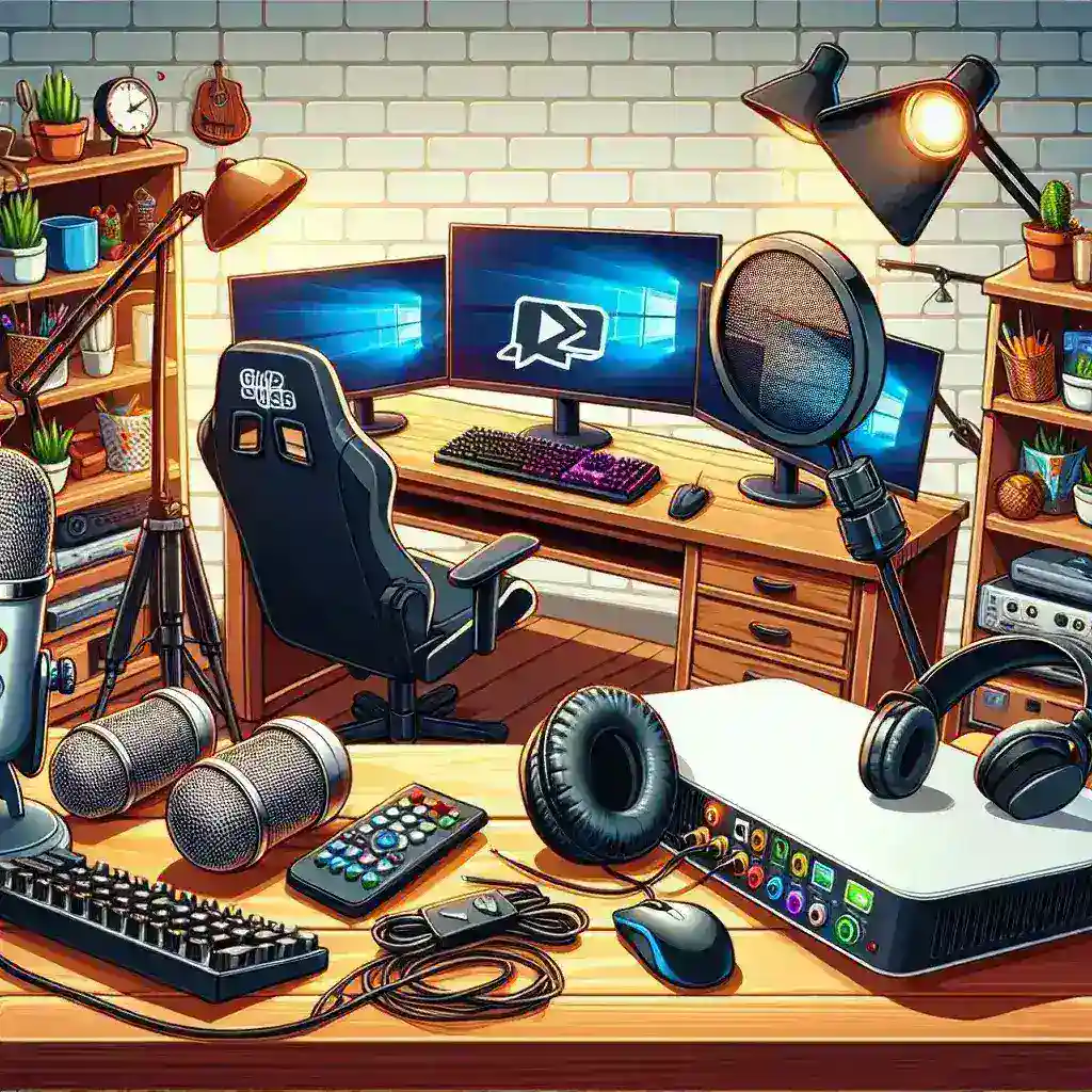 "Cantidad de equipo esencial para transmitir en Twitch, incluyendo computadora, cámara web, micrófono y accesorios, en un entorno de transmisión en vivo."